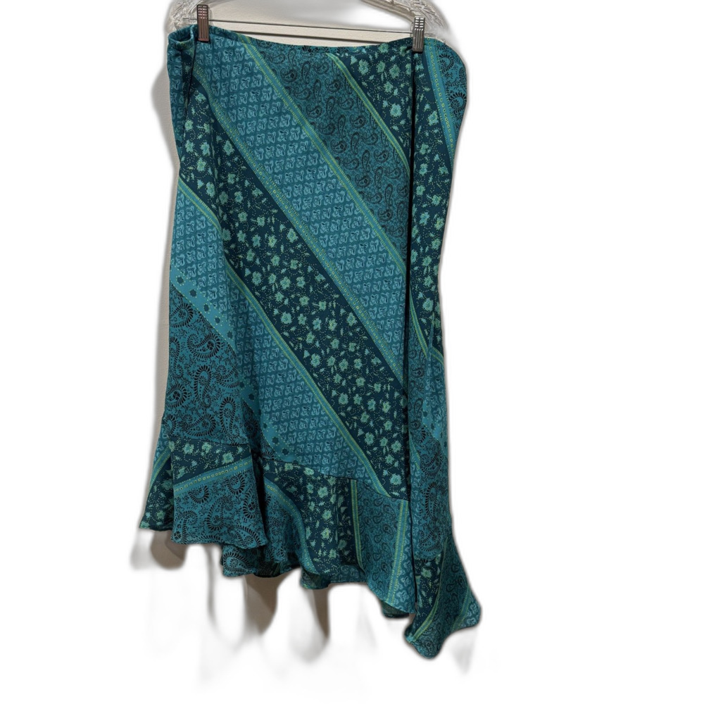 Midi Skirt Teal Patchwork Paisley Ruffle Hem Boho Fairy Whimsical Women sz 18